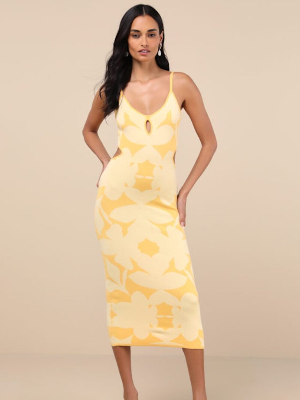Lulus Perfectly Charming Yellow Abstract Cutout Midi Sweater Dress - Size XXS